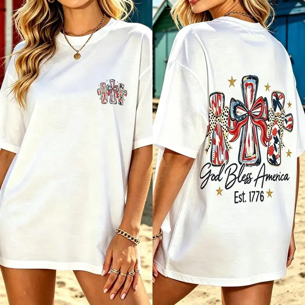 Double-sided God Bless America Women T-shirt 250 Years America Anniversary USA 250th Birthday Gift Shirt Memorial Independence Day 4th of July Men Women Cotton Tee Shirt