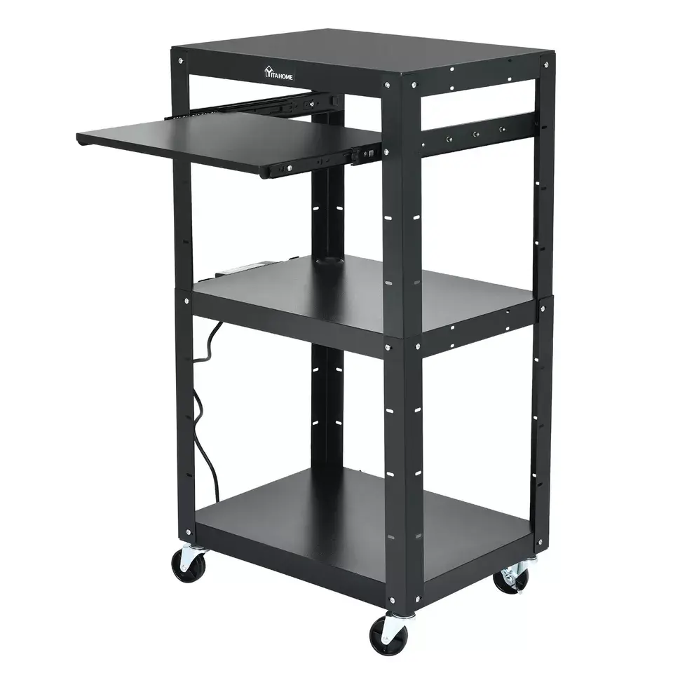 DWVO AV Cart with Wheels and Power 16.4ft Extra-Long Cord, Metal Presentation Cart with Keyboard Tray, Rolling Large Media Cart with 2 Locking Brakes, Easy to Assemble, Black