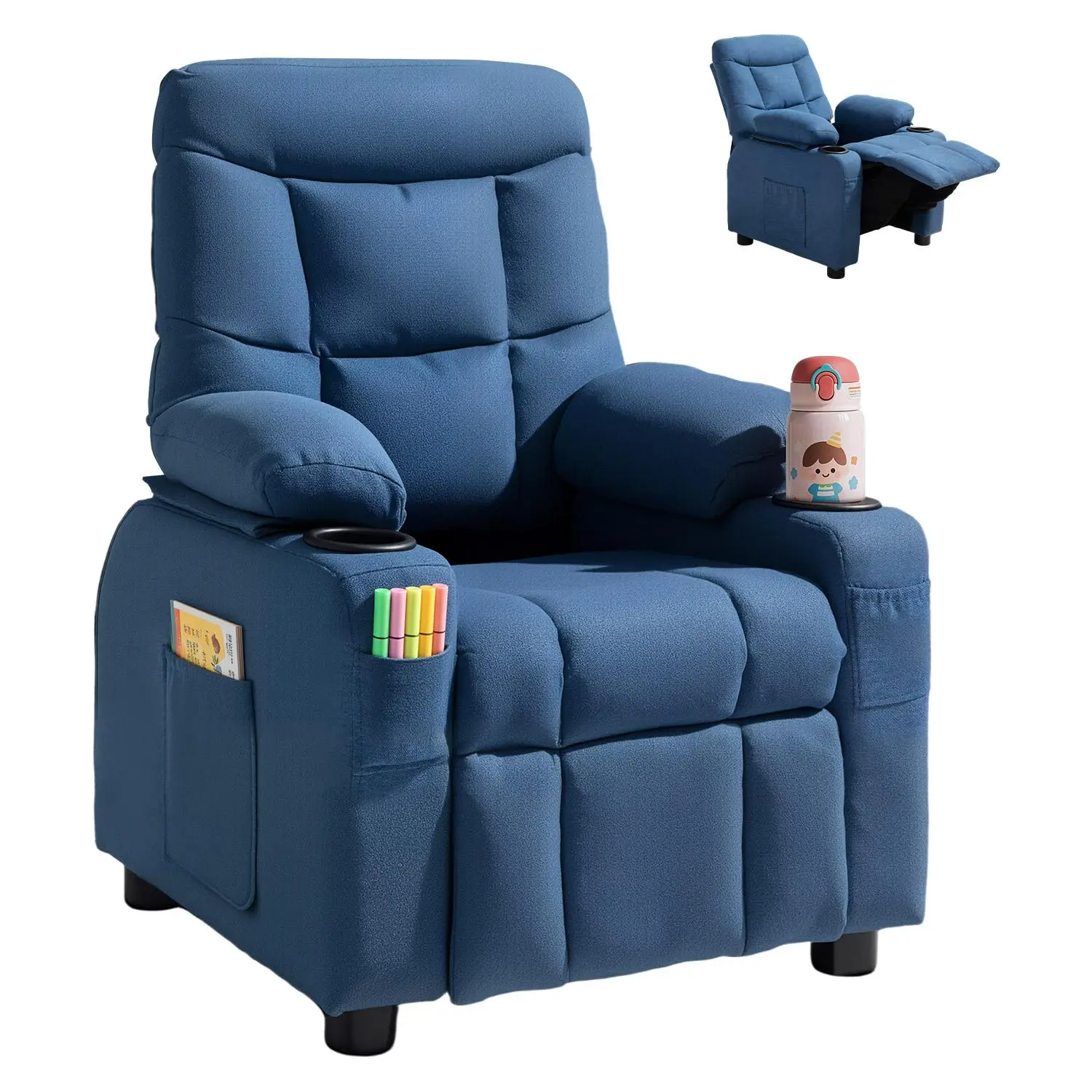 【DealsForYouDays】VEVOR Kids Adjustable Sleeper Chair, Ergonomic Recliner with 107°-126° Backrest, Footrest, Cup Holders, Side Pocket & Breathable Polyester Fabric, for Boys & Girls (Blue)