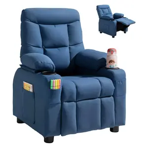 VEVOR Kids Reclining Chair, Toddler Recliner with Cup Holders and Pockets, 107° to 126° Adjustable Backrest, Breathable Polyester Fabric Recliner Couch with Footrest, for Boys & Girls, Children(Blue)