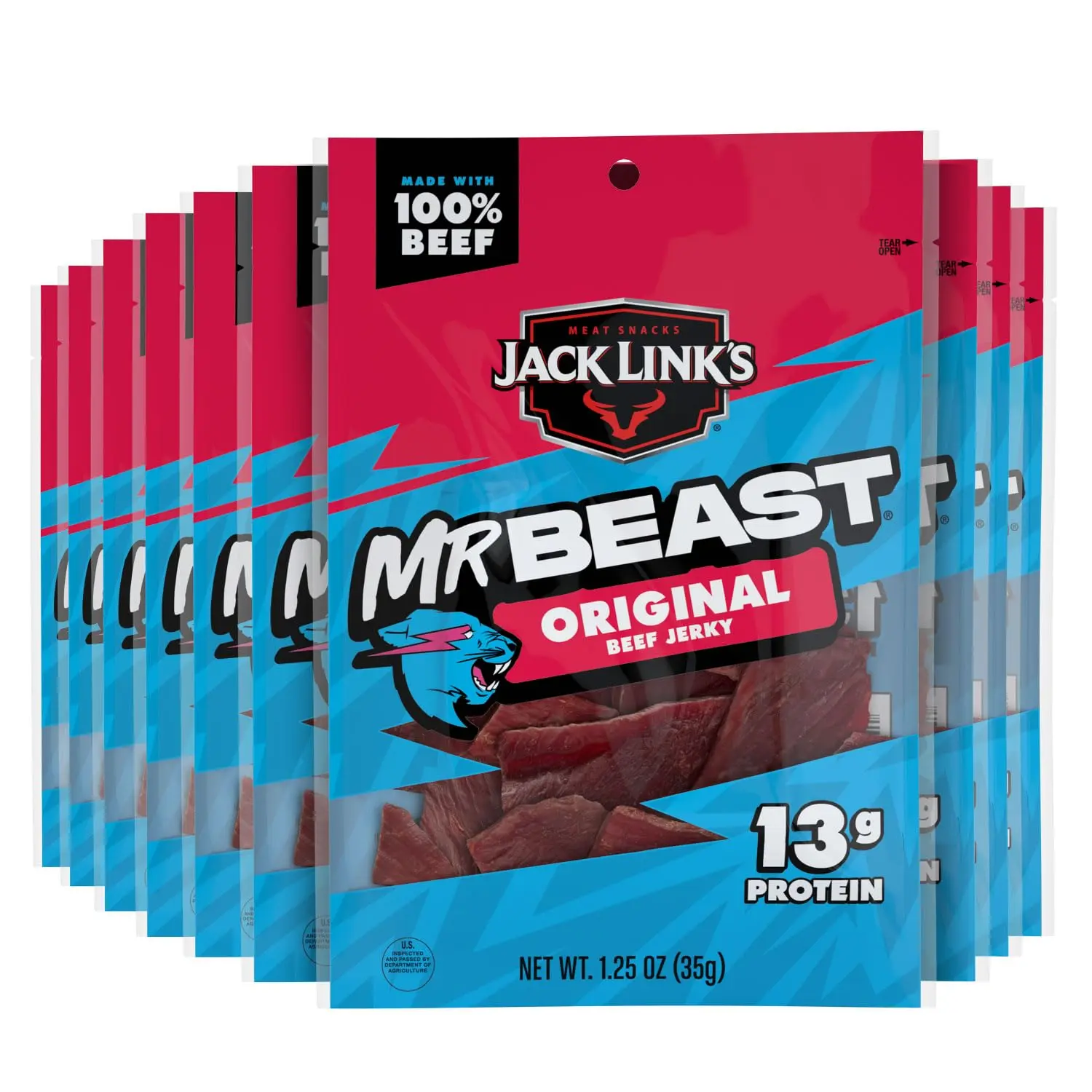 Jack Link’s x MrBeast Original Beef Jerky, 10-Pack Portable Dried Meat Snack with Soybeans, Ideal for On-the-Go & Casual Occasions