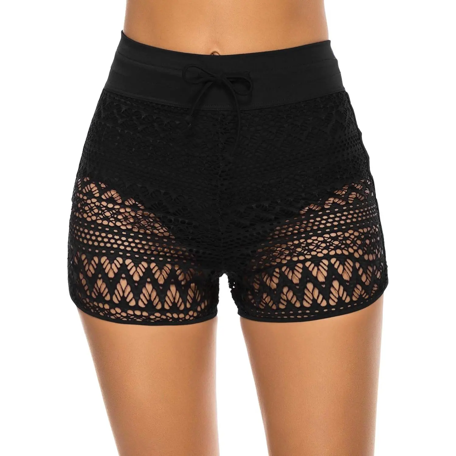 Women's High-Waisted Swim Shorts with Tummy Control, Hollow Lace Drawstring Board Shorts in Quick-Dry Breathable Fabric for Water Sports Summer Swim Bottoms Summer Swim Trunks
