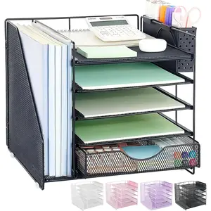 Desk Organizer with Drawer and Pen Holder, 5-Tier Paper Letter Tray Organizer with File Holder for Workspace Office Supplies Storage (Black)
