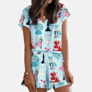 White Christmas Print V-Neck Satin Pajama Set For Women - SHESHOW