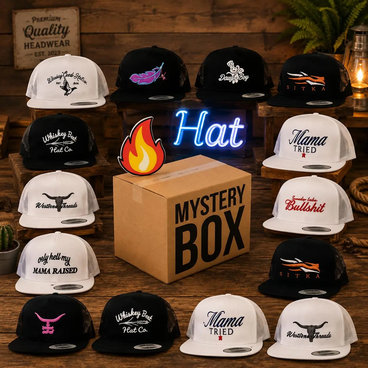New One Hats Mystery Box Random hat Sent Sitka, Mama Tried Happy, Whiskey Creek, Feathered Outlaw, Dough Boy, Standin on Snapback