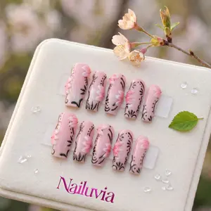 Nailuvia｜10PCS 100% Handmade Press-On Nails｜D162 1.2 Inch｜Reusable Colorful Art Acrylic Stylish｜3D Pink Floral Black Line