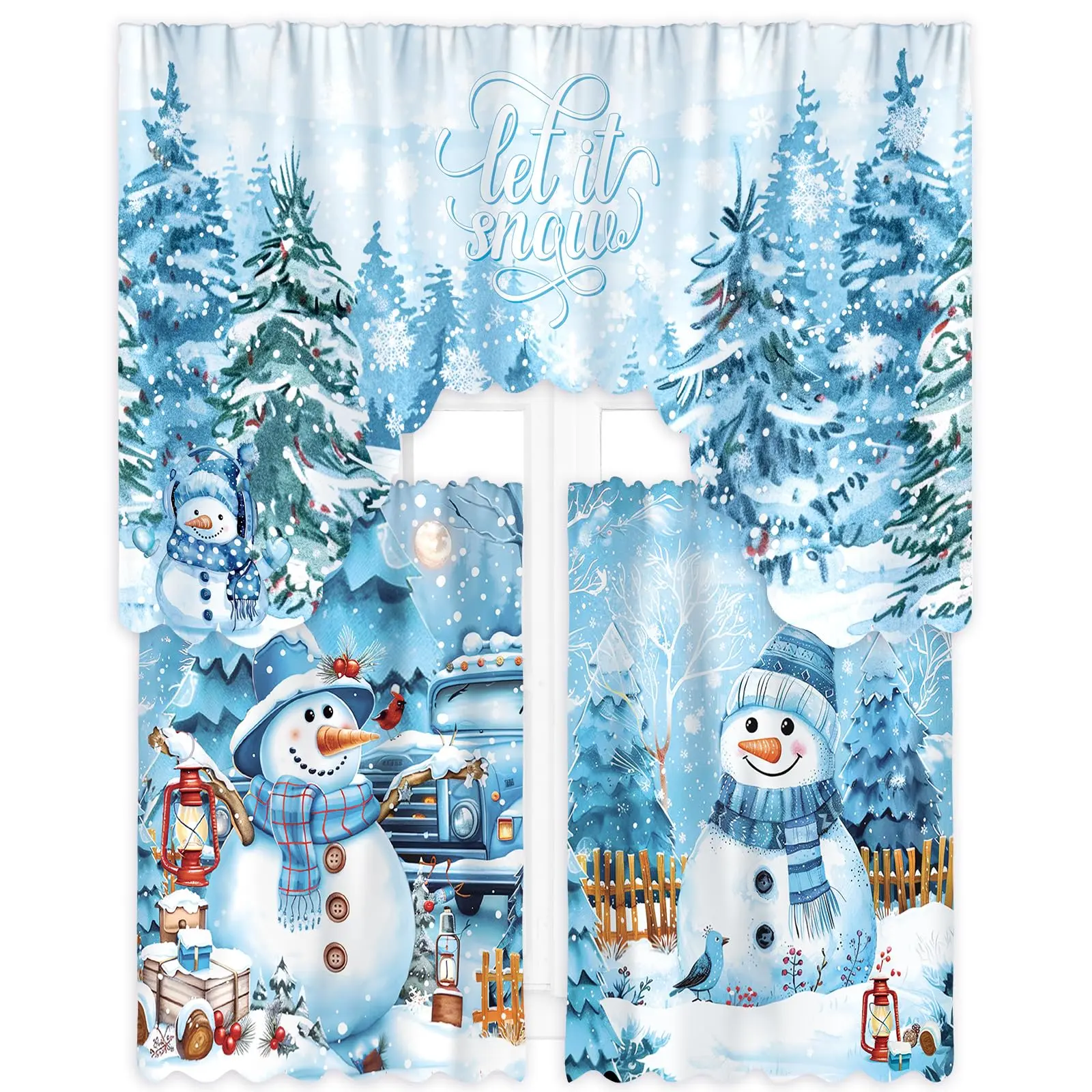 3 Pcs Christmas Kitchen Curtains Set, Xmas Valance & Tier Window Curtains with Snowman Elk Plaid Tree Designs, Holiday Home Decor for Kitchen Bedroom Living Room Office Bathroom, Christmas Home Decor for Holiday Lovers