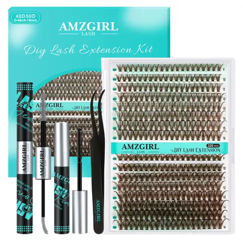AMZGIRL Brown Lash Clusters Kit 320Pcs 40D+50D DIY Individual Lashes Extension Kit Gray Lash Bond and Seal Lash Remover for Eyelashes Extensions Lash Applicator for Eyelash Cluster Kit at Home(D-Mix9-16mm)