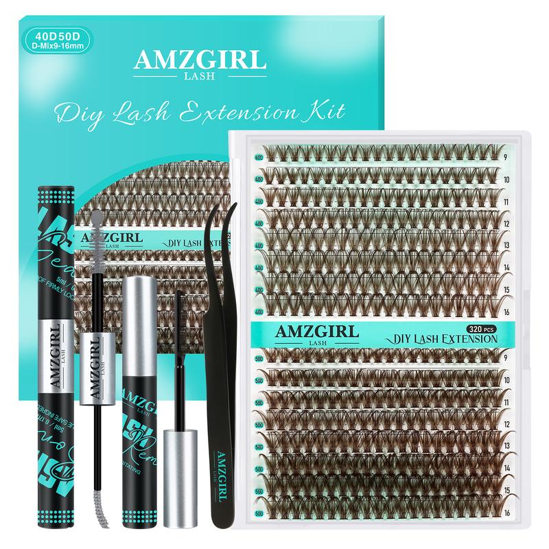 AMZGIRL Brown Lash Clusters Kit 320Pcs 40D+50D DIY Individual Lashes Extension Kit Gray Lash Bond and Seal Lash Remover for Eyelashes Extensions Lash Applicator for Eyelash Cluster Kit at Home(D-Mix9-16mm)