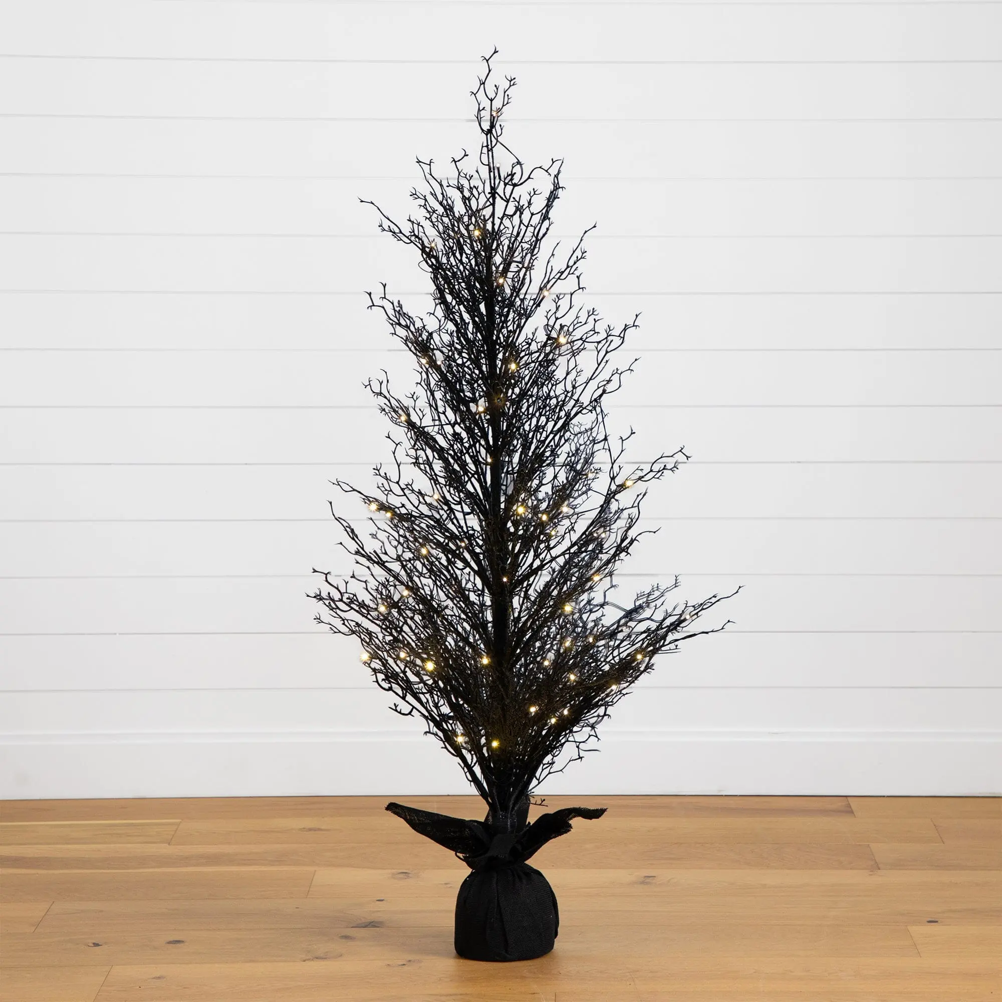 5ft Pre-Lit Bendable Black Twig Synthetic Halloween Tree, Burlap Planter with 85 Cozy Warm White LED Lights, Holiday Decor for Home Room Decoration