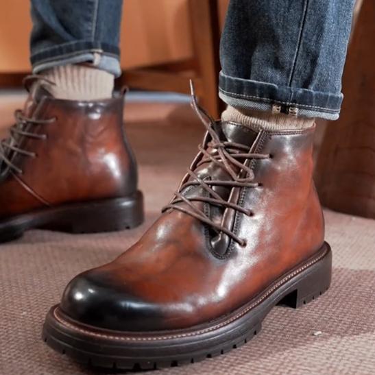 DESAI Leather Ankle Boots Calfskin Men's Classic Soft Handmade lace-up Dress Boot for Motorbike Hiking Walking Footwear Closed Round Toe Winter Fur Shoe Botas Para Hombres DS6319H