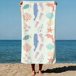 Ocean life theme: various marine animals and shells, pastel vector illustration art style. Sand-Free Beach Towel | Ultra-Light Microfiber | Quick-Dry, Compact for Travel