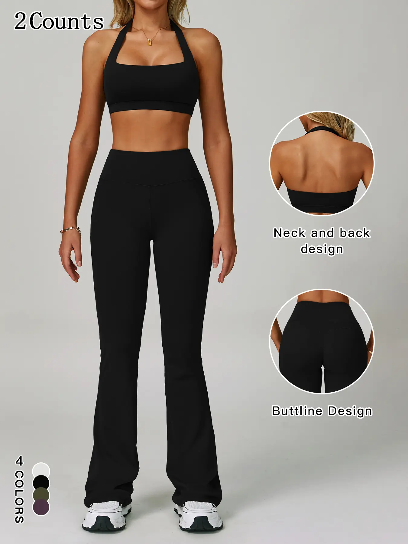 Quick-Dry Casual Activewear, Breathable Sporty Outfits, Women's Solid Crop Sports Top & Flare Leg Sports Pants Set, Comfy Breathable Two-piece for Yoga Pilates Gym Workout Running