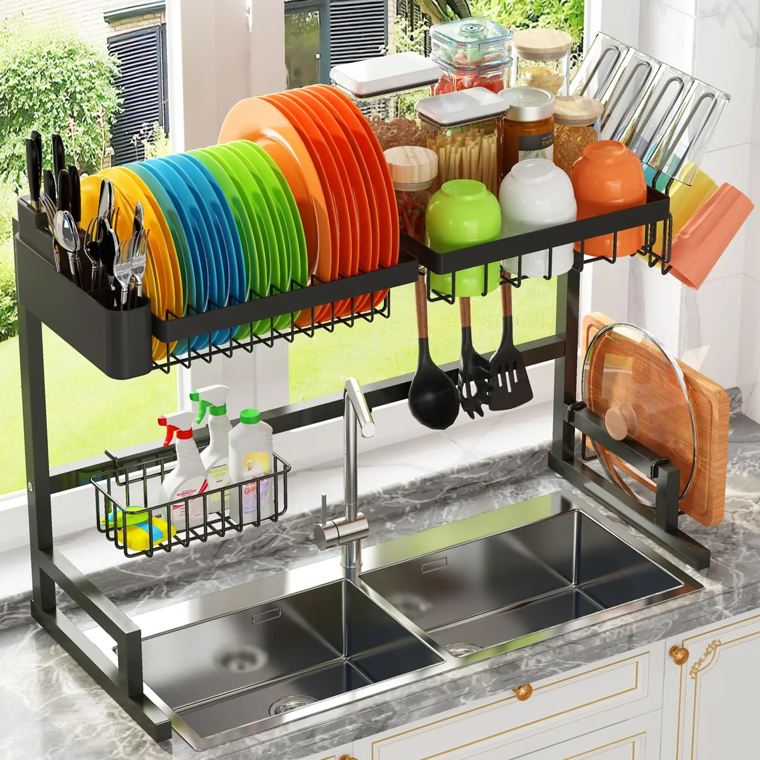 Over The Sink Dish Drying Rack (Expandable Height and Length) Snap-On Design 2 Tier Large Dish Rack Stainless Steel Organizer Countertop Storage Adjustable Metal Stand, Cup Hooks