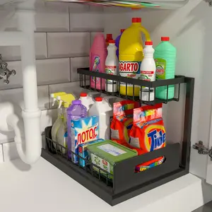 Two-Tier Pull-Out Under-Sink Organizer, Perfect for Kitchen and Bathroom Cabinets, Offering Convenient Slide-Out Storage Shelves for Easy Access Racks