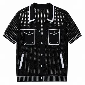 Men’s Mesh Knit Button Up Shirt Breathable Crochet Polo Summer Vacation Beachwear Lightweight Streetwear Top