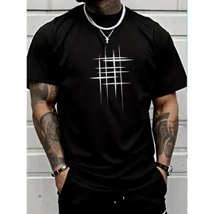 Men's Casual Short Sleeve T-Shirt - Round Neck, Soft 100% cotton, Geometric Black Line Design, Summer Style Tee for Casual Attire