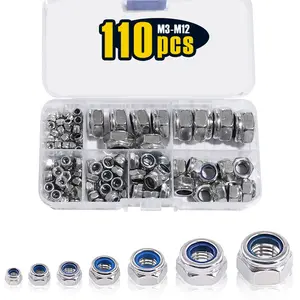 110 Pcs Nylon Insert Lock Nuts Assortment Kit, Metric M3-M12, Stainless Steel Lock Nuts, Hex Nut Set for Industrial and Home Use