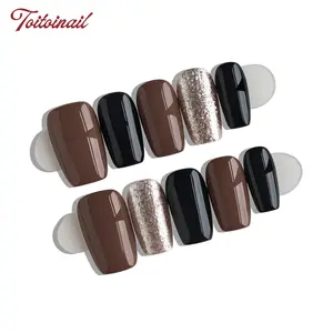 10pcs Handmade Press On Nails Acrylic - Medium Length Square Stiletto Brown & Black Nails, Handcrafted Gold Glitter Accent Decor Sleek Modern Style Nail Art Design, for Daily Wear & Office with Jelly Glue & Nail File