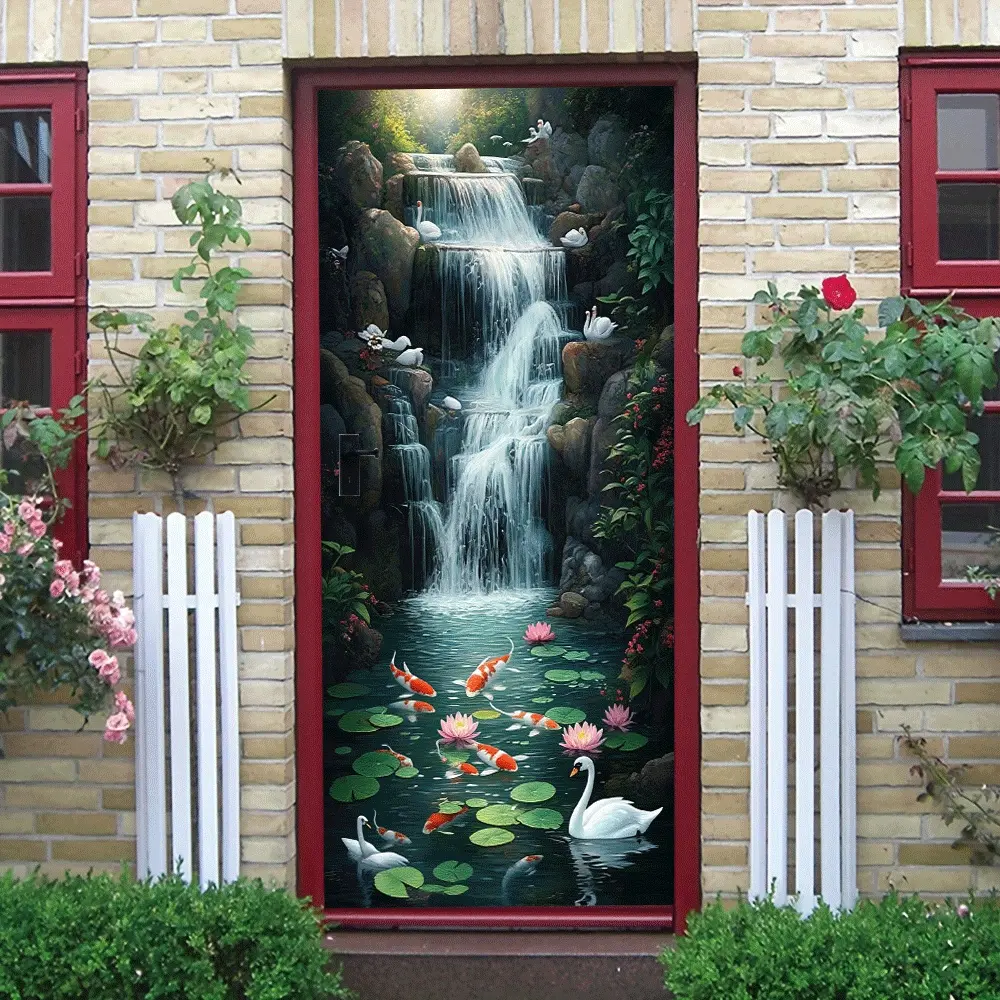 2pcs Nature Landscape Waterfall Wall Stickers Chinese Style Scenery Decals Self Adhesive Removable Living Room Bedroom Decoration Koi Fish Swan Pond Mural Stickers Home Wall Art Decor  Collage Self-Ad