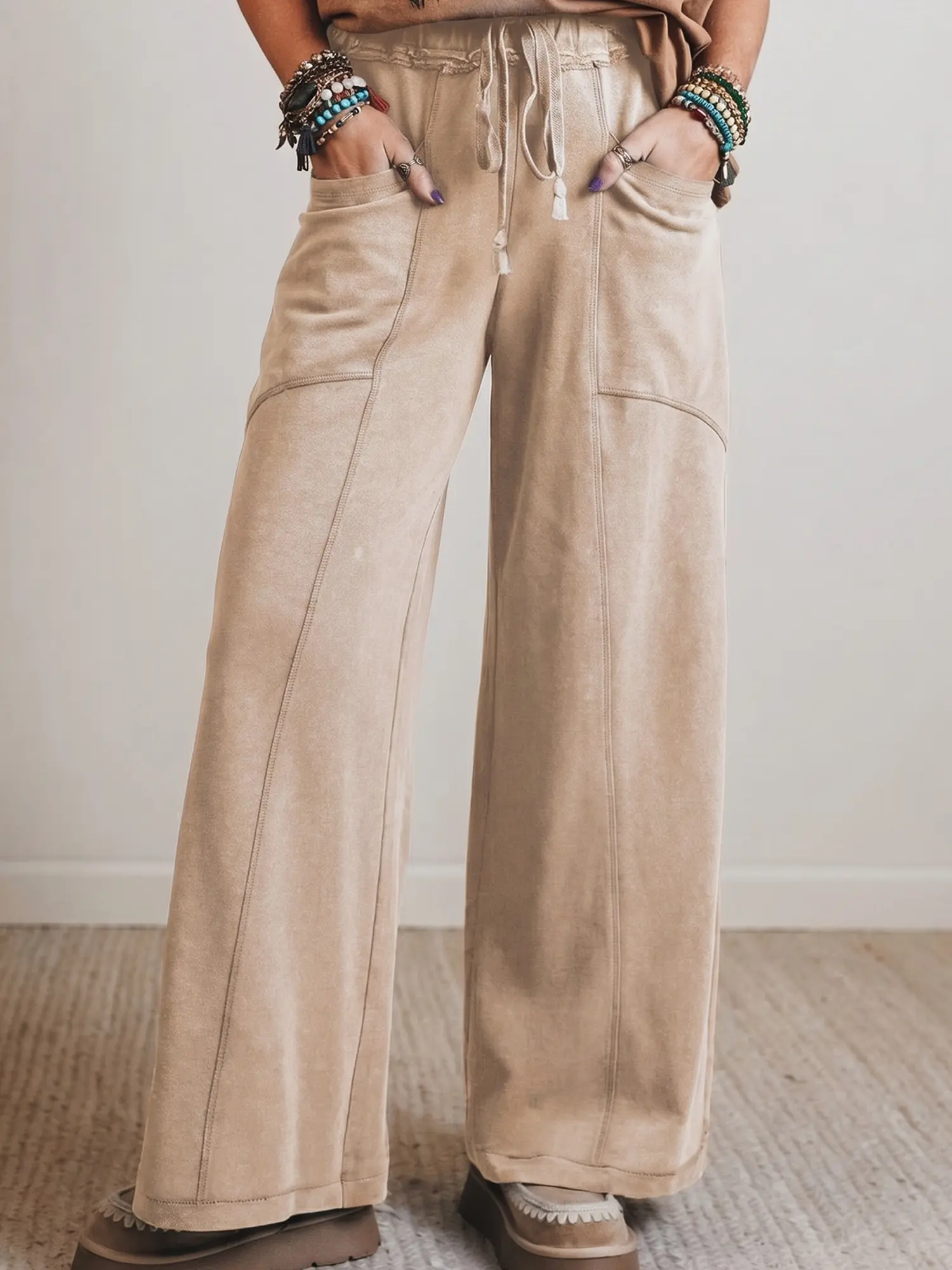 Women's Vintage Mineral Wash Wide Leg Cotton Pants, High Waisted Western Style Trousers with a Relaxed Fit and Functional Patch Pockets, Aesthetic, Vibe