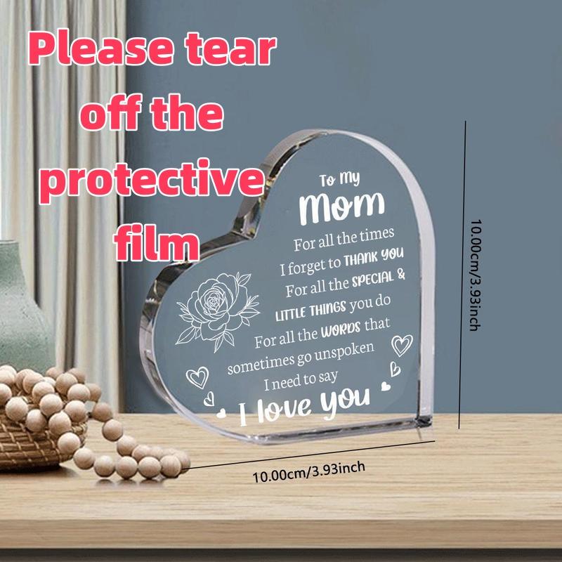 Heart Shaped Love Mom Acrylic Block keepsake Flower & Letter Pattern Decorative Ornament, Inspirational Creative Ornament, Christmas Gifts for Mom