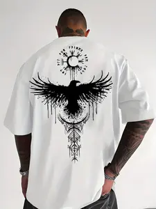 Men's Norse Viking Raven Graphic T-Shirt, Premium Oversized Tee, Front & Back Printed Odin Raven Short Sleeve Top, Casual Streetwear for Summer