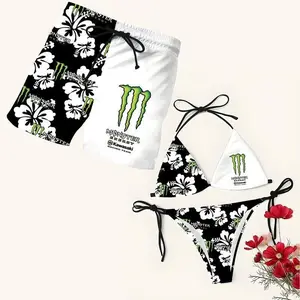 Matching Monster Floral Swimsuits for Couples -Swim Bra & Tie Side String Bikini + Men's Beach Shorts, Summer Vacation Swimsuit, Hawaiian Shirt Style, Aloha Beach Outfit, Casual Holiday Bathing Suits, Menswear & Womenswear