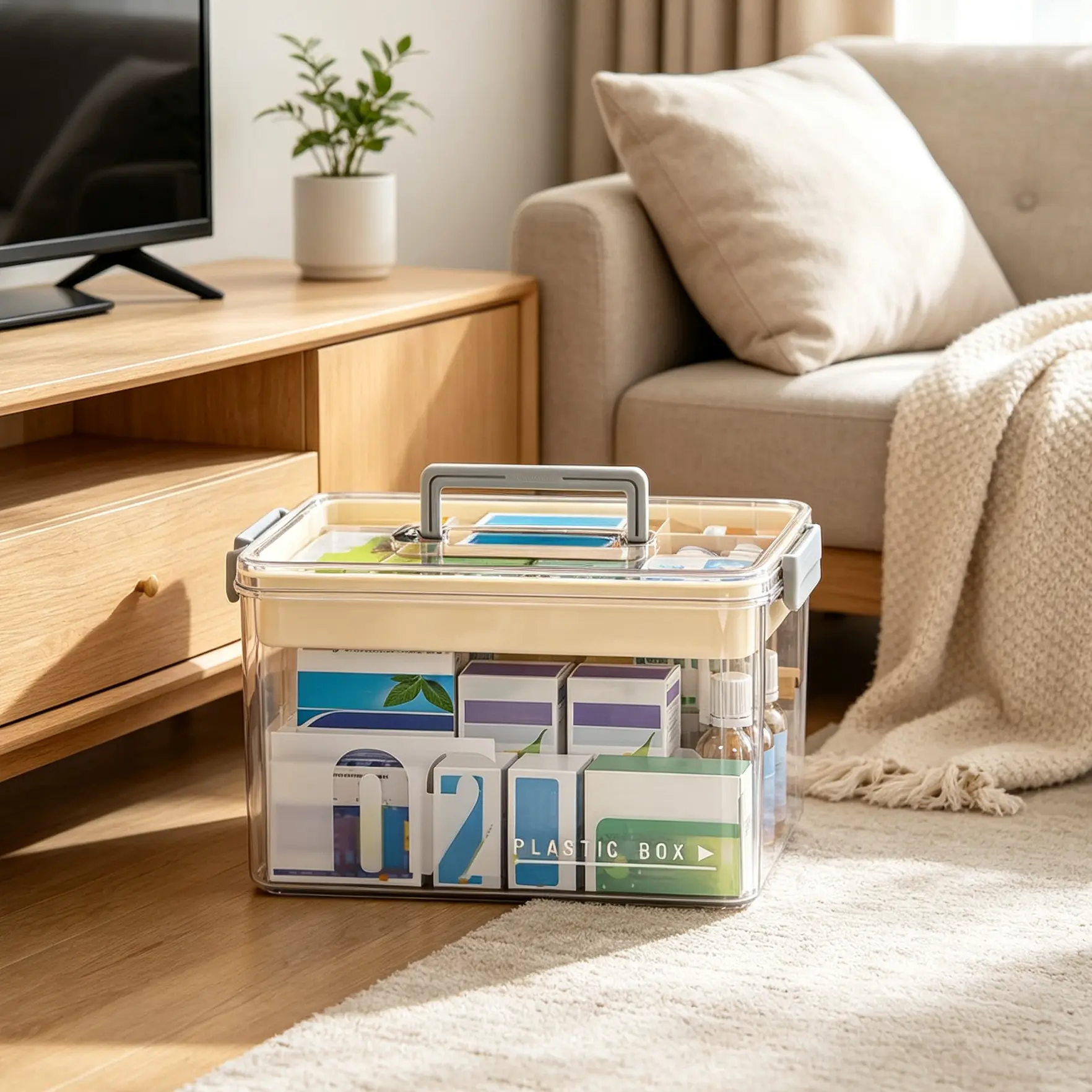 Clear Storage Box with Handle and Lid, Dustproof Medicine Organizer Bin, Removable Divider Tray, Aesthetic Thick Plastic Home Container for Desk, Dorm, Toys, First Aid, Sundries, Gift Option.dustproof storage box