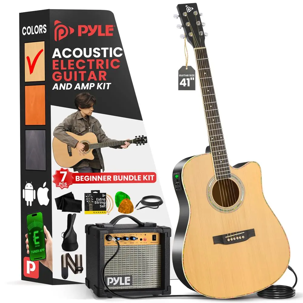 Acoustic Electric Guitar Kit - Natural | Full Size Spruce Wood Cutaway Guitar with 10W Amp, Gig Bag & Accessories - Beginner to Intermediate Guitar Set - Gift for Musicians