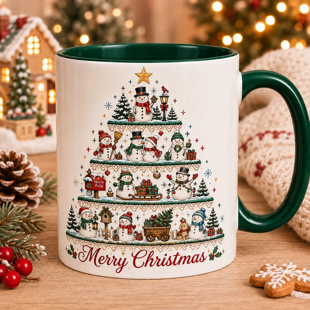 Merry Christmas Snowman Coffee Mug, Snowman Village Holiday Ceramic Cup, Winter Christmas Tree Festive Mug