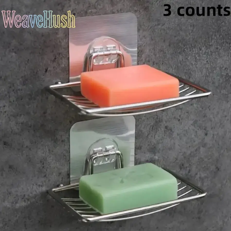 3-Pack Stainless Steel Soap Dish & Sponge Holder, Compact Self-Adhesive Bathroom Organizer with Drainage, Rustproof Waterproof Wall Rack, Soap Dish Holder, Adhesive Tape, Functional Rack, Three Pieces