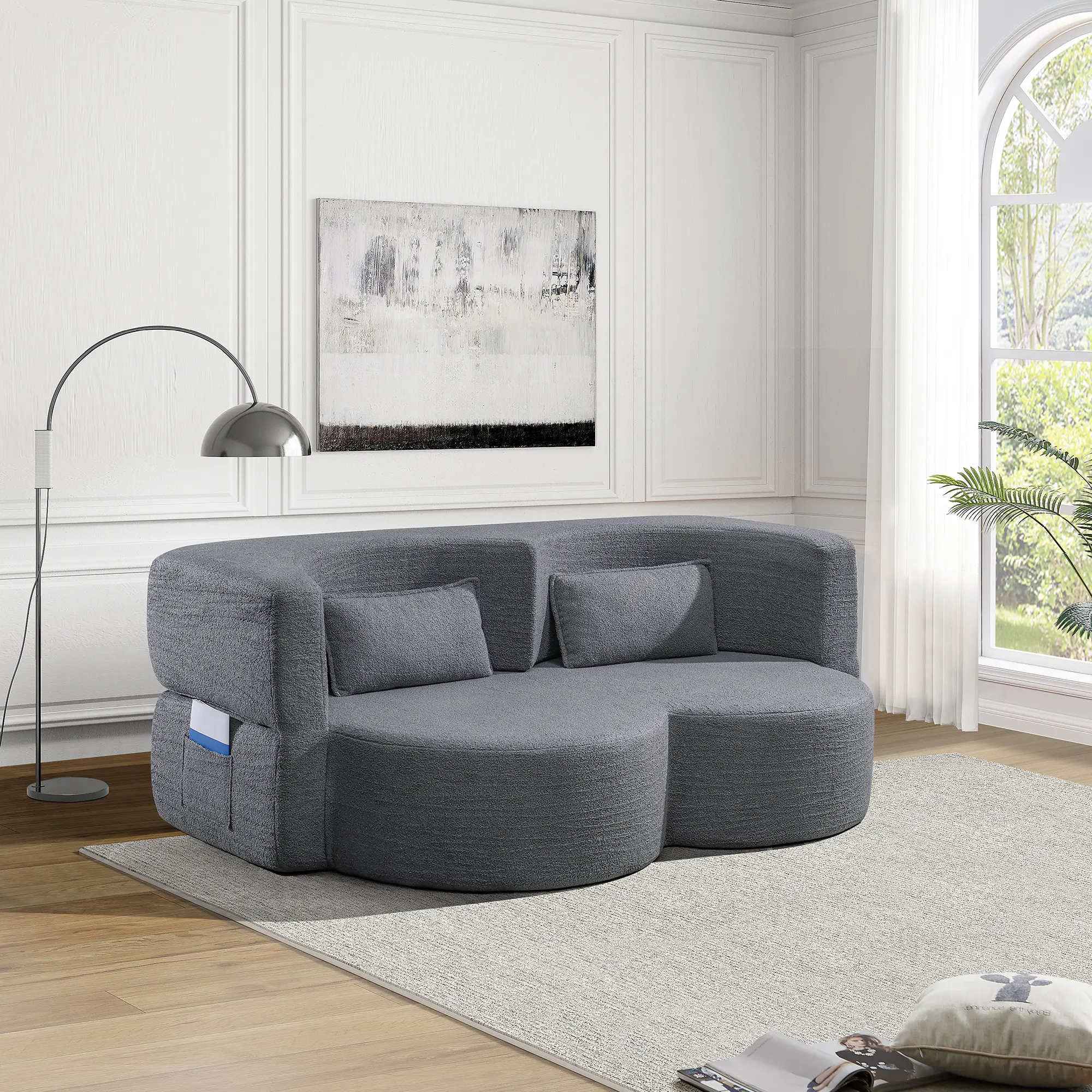 Niccae Folding sofa bed, floor sofa, convertible teddy bear fabric foam filled sleeper futon double sofa, suitable for living room, guest, office and apartment