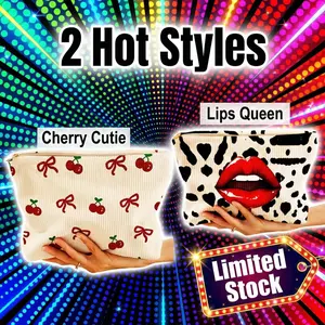 Corduroy Embroidery Makeup Bag – Cherry & Bow Design for Travel & Daily Beauty Essentials