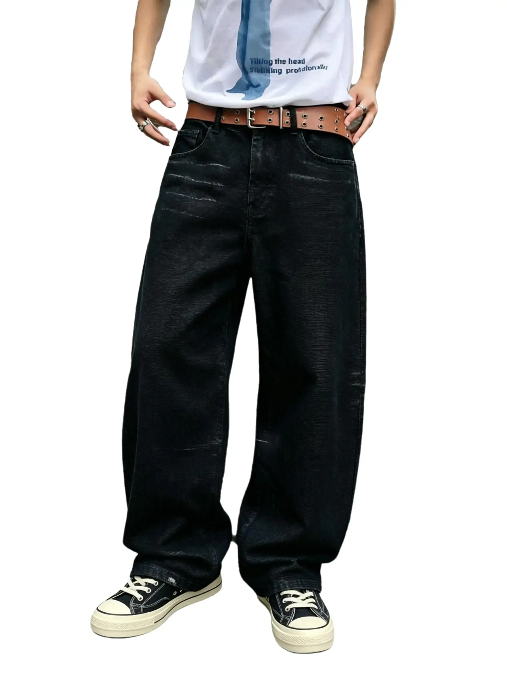 Men’s loose wide-leg black denim pants — vintage wash, non-stretch relaxed fit, casual skate street fashion pants, Baggy Jeans