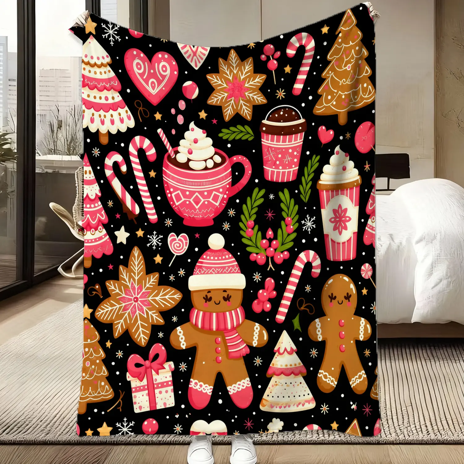 Powder Gingerbread Man Christmas Flannel Blanket, Sweet Winter Atmosphere, Home Decor, Sofa Bed Cover, Holiday Collection