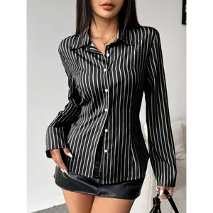 Women'S Black and White Vertical Stripe Long Sleeve Dress Shirt - Polyester, Button-Up, Single-Breasted, Regular Fit, All-Season Shirt for Spring and Summer, Casual to Semi-Formal Attire, Casual Attire | Vertical Stripe Shirt | Polyester F