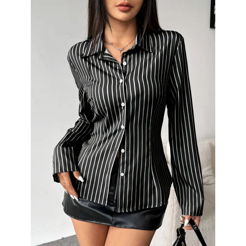 Women'S Black and White Vertical Stripe Long Sleeve Dress Shirt -  Polyester, Button-Up, Single-Breasted, Regular