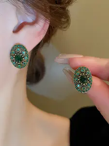 Elegant Oval Geometric Flat Back Stud Earrings, Rhinestone Accents, Vintage Inspired Design, Perfect Gift for Women & Girls, Daily Wear Jewelry