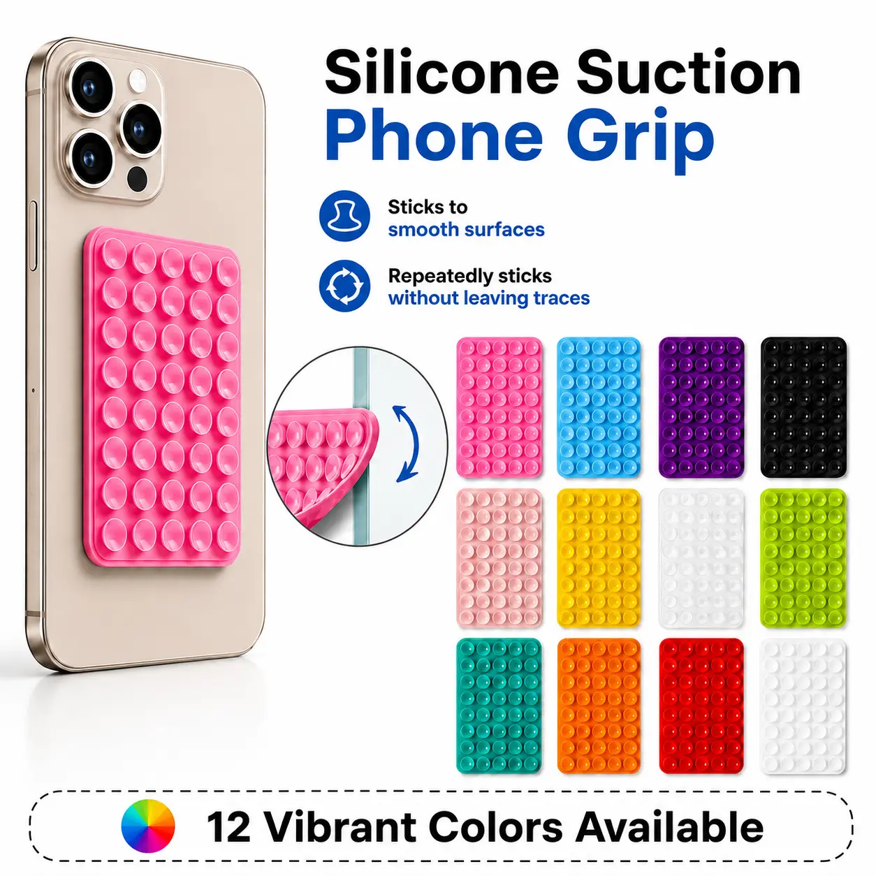 4-Pack Silicone Suction Phone Grip Stand with Pad - Mobile Phone Accessories, 4-Color Portable Square Holder with Strong Double-Sided Reusable Adhesive for Smartphones (Compatible with Mirror, Tile, Glass)