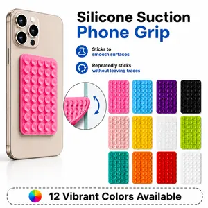 4-Pack Silicone Suction Phone Grip Stand with Pad - Mobile Phone Accessories, 4-Color Portable Square Holder with Strong Double-Sided Reusable Adhesive for Smartphones (Compatible with Mirror, Tile, Glass)