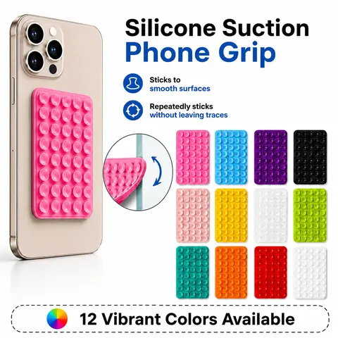 Trend Casual 4-Pack Suction Phone Grip - Double-Sided Reusable Washable Adhesive Holder, Square 4-Color Portable Set for Smartphones, Mirror-Ready Hold for Tile/Glass/Metal, Hands-Free Selfie Stand