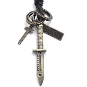 Mens  Style Army Dagger  Pendant Leather Cord Necklace Chain