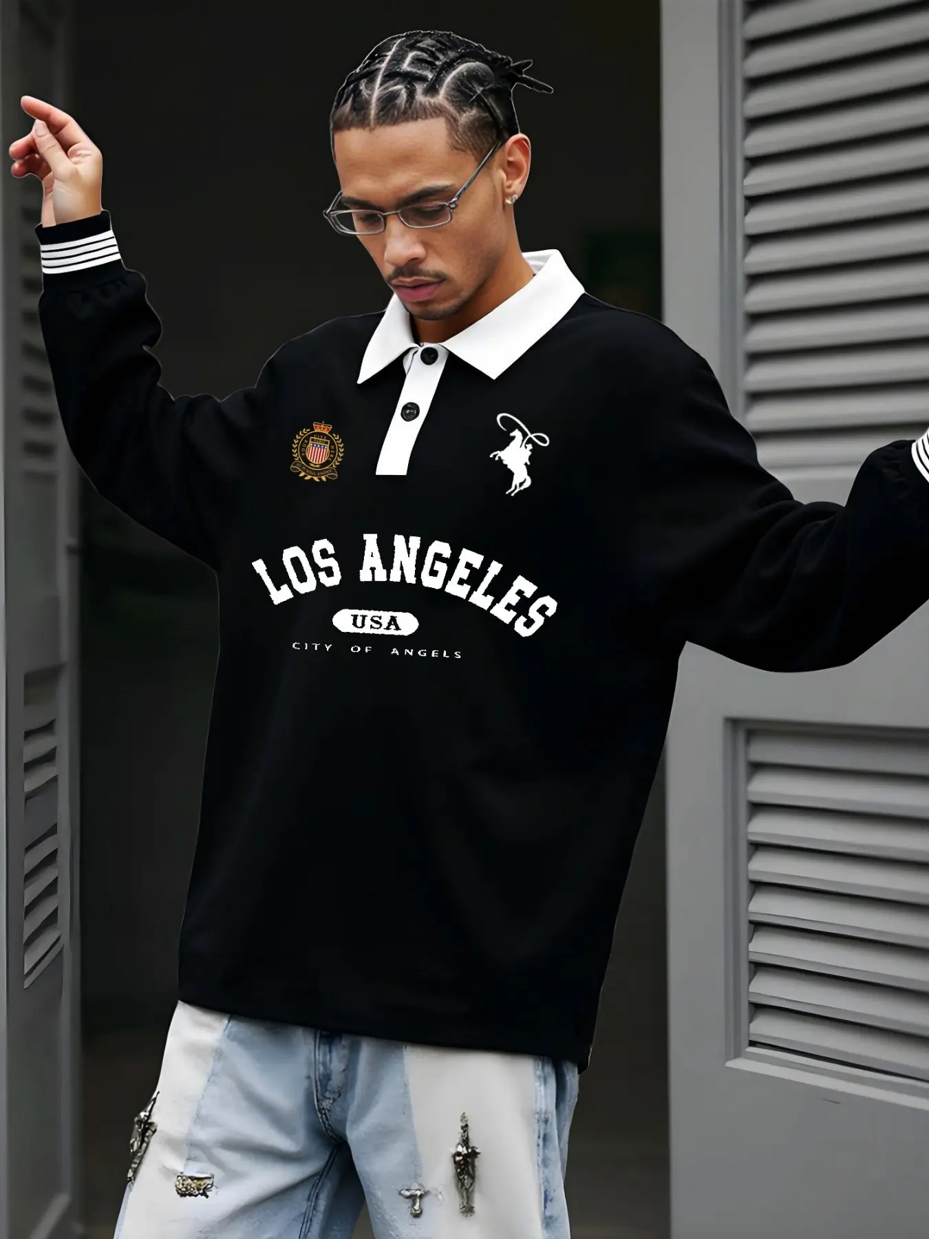Men's daily casual multi-color letter-number graphic pattern half-button polo collar long-sleeve Knit polo shirt