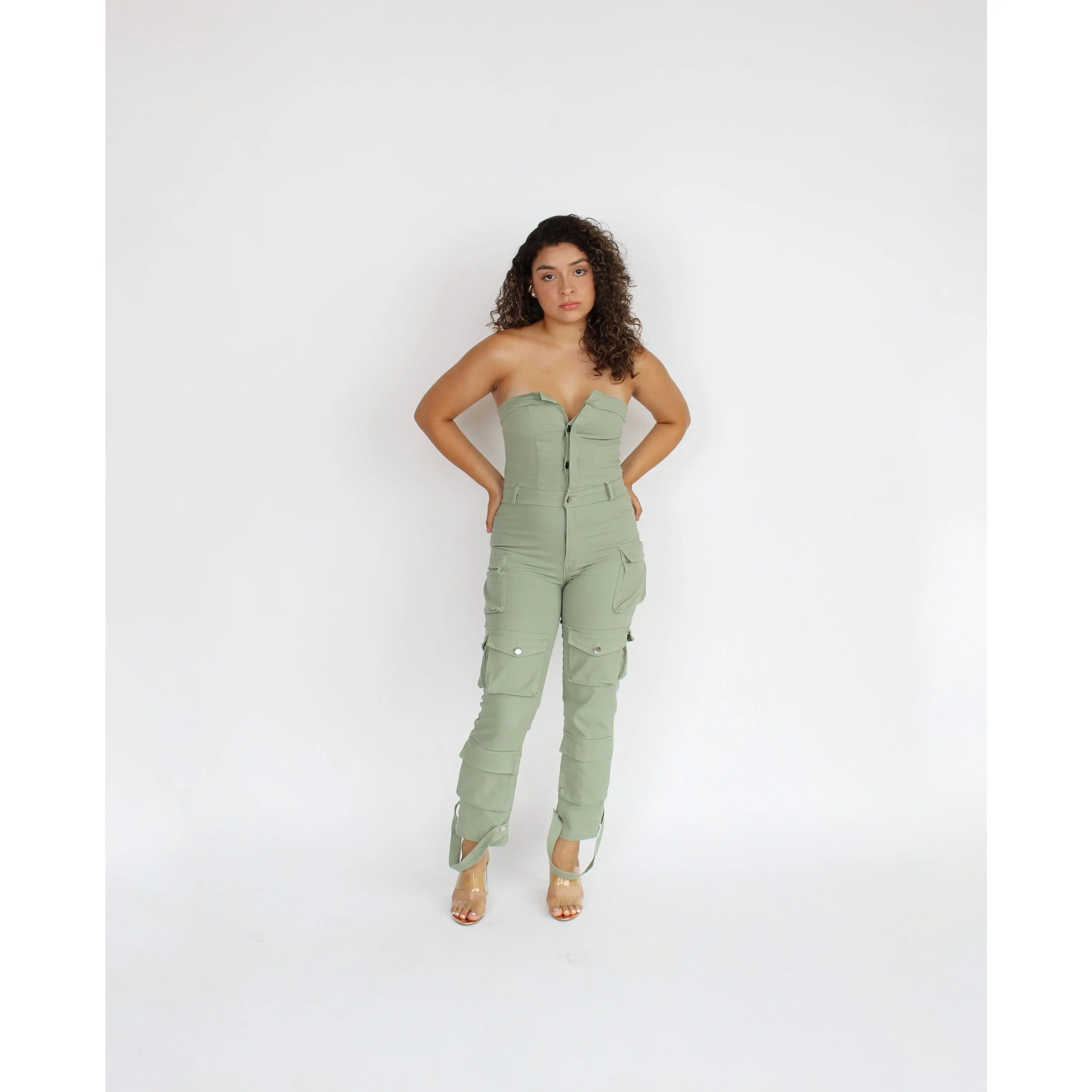 Olive Cargo Denim Jumpsuit