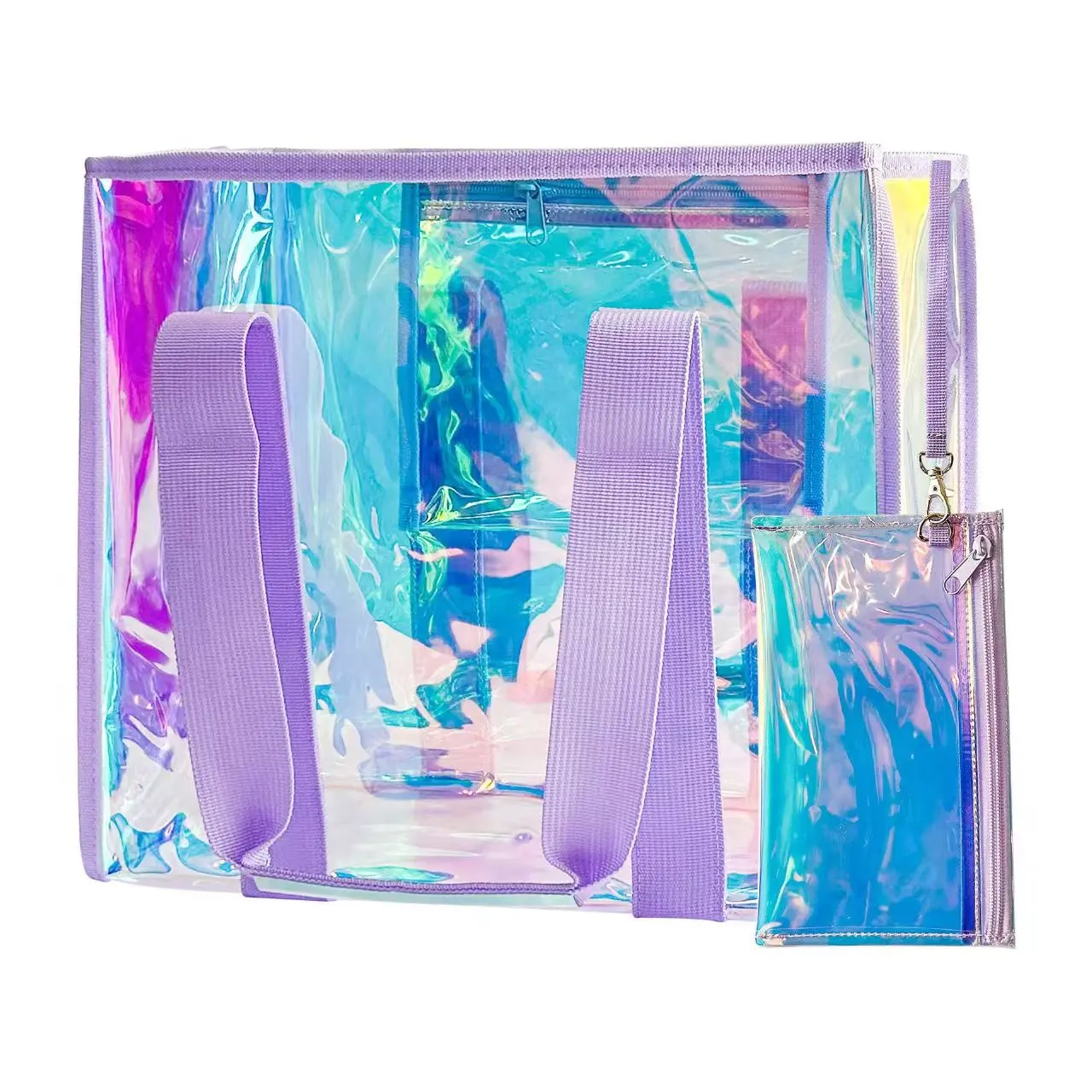 Iridescent Beach Tote Bag Large Zipper Pool Bag with Makeup Bag Waterproof Phone Pouch Sandproof Travel Bag Adjustable Strap Foldable Vacation Essential Gift for Women
