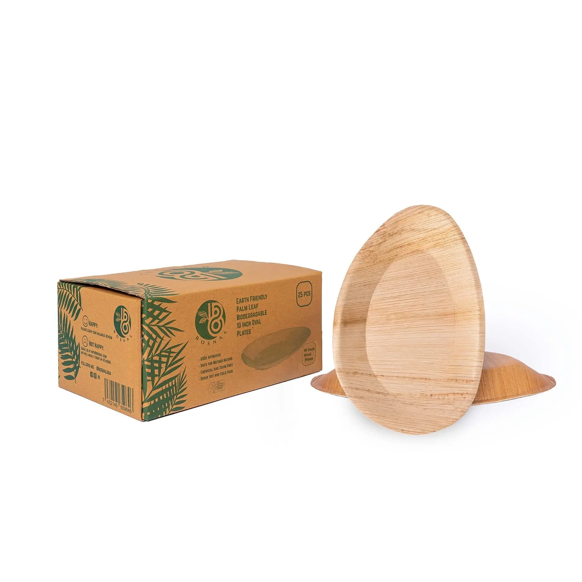 Bosnal - Compostable Palm Leaf Plates, Oval, 10-inch, 25 Pcs, Chemical-Free, Soak-Proof, Hot & Cold Use, Stylish, Sturdy - Disposable Cookware Plastic Stackable