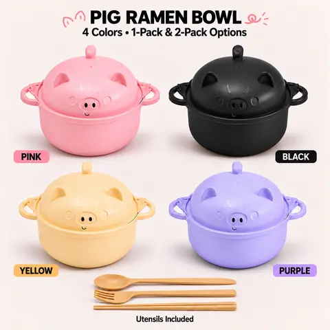 MIUVA 45 oz Piggy Ramen Bowl with Strainer & Lid, Microwave-Safe Noodle Bowl Set, Double-Layer Instant Ramen Bowl with Spoon, Fork & Chopsticks for Dorm, Office & Home