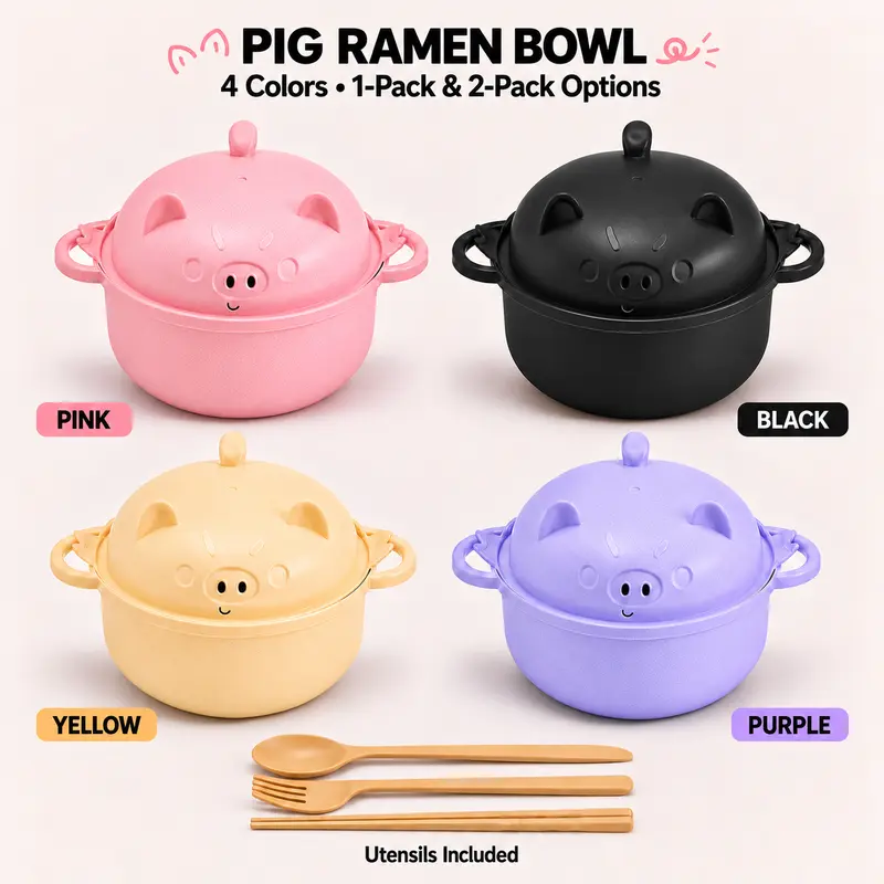 MIUVA 45 oz Piggy Ramen Bowl with Strainer & Lid, Microwave-Safe Noodle Bowl Set, Double-Layer Instant Ramen Bowl with Spoon, Fork & Chopsticks for Dorm, Office & Home