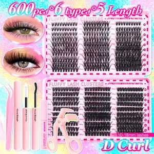 600/800pcs DIY Individual Lash Extension Kit, 2-in-1 Lash Adhesive, Tweezers, Glue Remover, Lash Brush, 30D+40D+50D+60D+80D+100D Mixed Individual Lashes (10-18mm), DIY Eyelash Clusters, Suitable for Beginners for At-Home DIY & Reusable